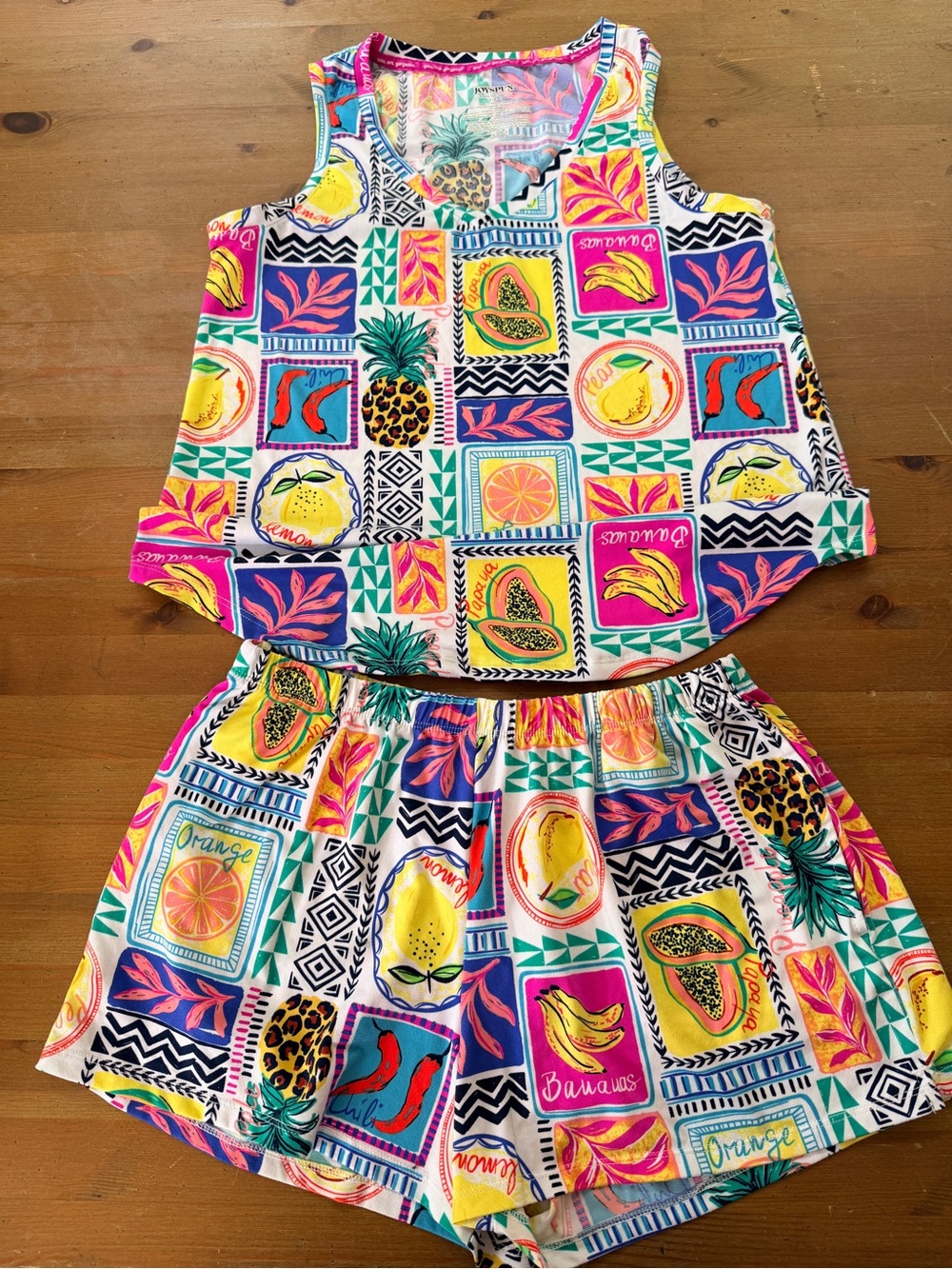 Joyspun Women's Tropical Fruits Tank Top Shorts Pajama 2-Piece Set Small 4-6